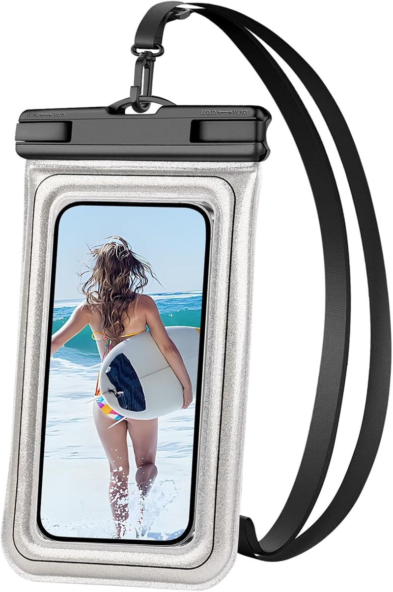 Razobws Floating Waterproof Phone Pouch, IPX68 Waterproof Phone Case with Lanyard for iPhone 16 15 14 13 Pro Max Samsung S25 S24 S23 S22, Up to 7", Beach Vacation Essentials, Glitter Silver - Image 1